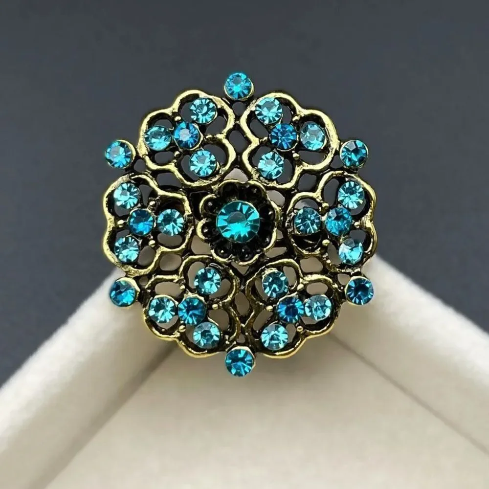 Yellow Gold with Blue Sapphire and Aquamarine Crystal Flower Pin Back Brooch